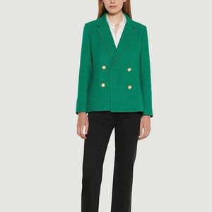 💚 NWOT Sandro Jacy Tweed Double Breasted Blazer Jacket Emerald Green
